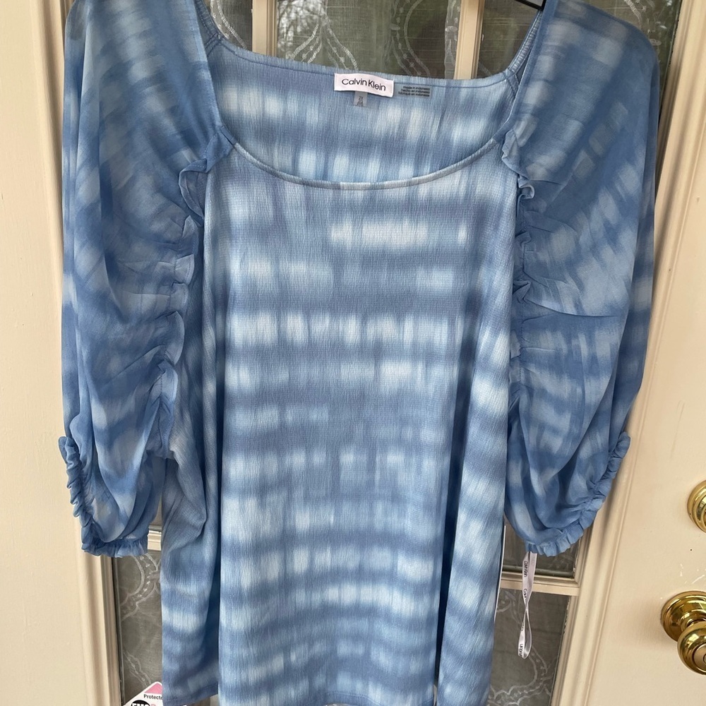 Calvin Klein Blue Tie-Dye Puff Sleeve Blouse | Size 2X | NWT